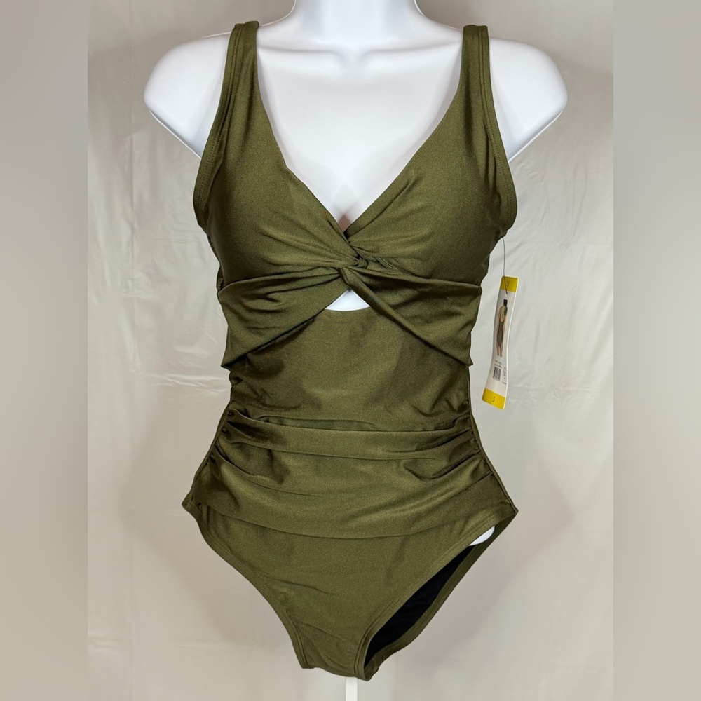DKNY Green Twist Front One Piece Swimsuit Small NWT Cutout Ruched